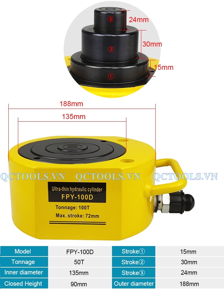 Kích thủy lực mỏng 3 tầng 100 tấn model FPY-100D 100T hydraulic cylinder FPY 100D