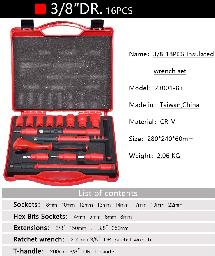 Bộ cờ lê cách điện 1000V 16 chi tiết 3/8" Bo co le cach dien VDE1000 16 chi tiet