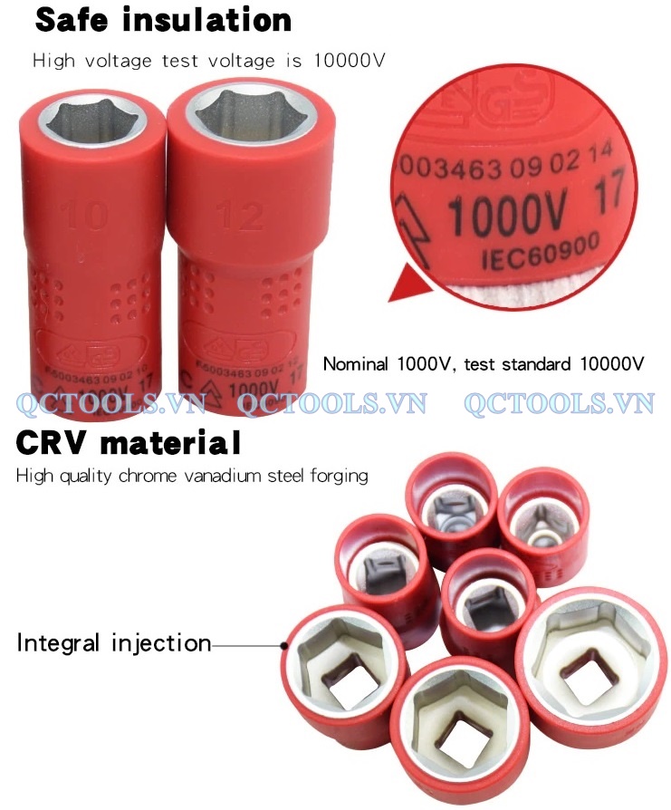 Khẩu chụp bu lông cách điện 1000V vuông 1/2", lục giác 32 mm HEX socket
