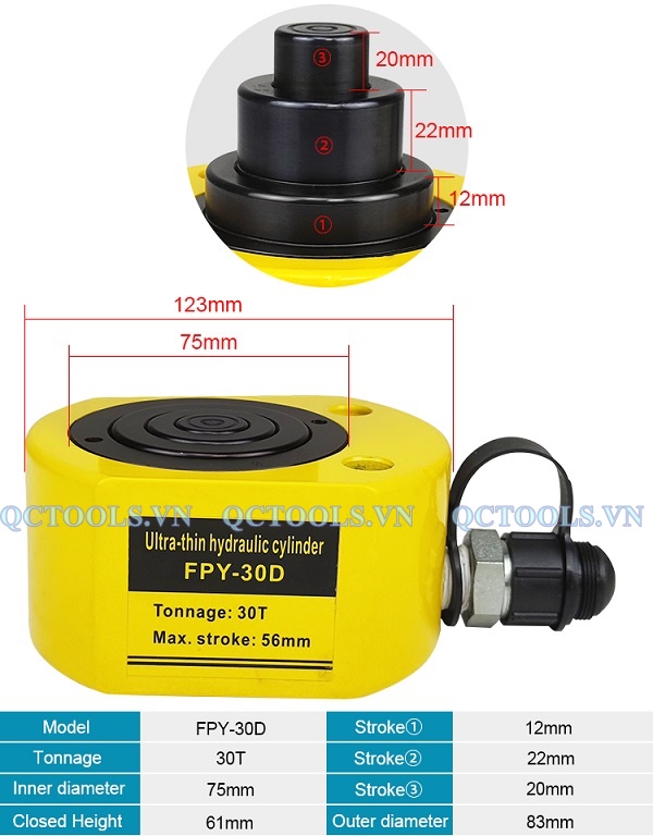 Kích thủy lực mỏng 3 tầng 30 tấn model FPY-30D Kich thuy luc 2 3 tang 30 tan