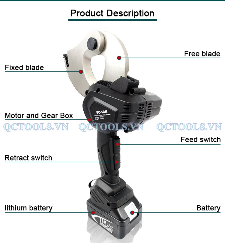 Máy cắt cáp nhông chạy pin EC-50M Chi tiet cac bo phan cua may cat cap nhong chay pin EC 50M