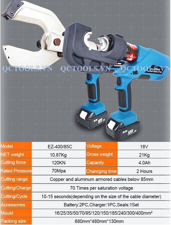 Máy ép cos kiêm cắt cáp thủy lực dùng pin 2 trong 1 EZ400/85C Thong so may ep cos kiem cat cap thuy luc EZ40085C