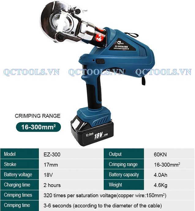 Máy ép cos thủy lực chạy pin EZ-300 Thong so may ep cot thuy luc chay pin EZ 300