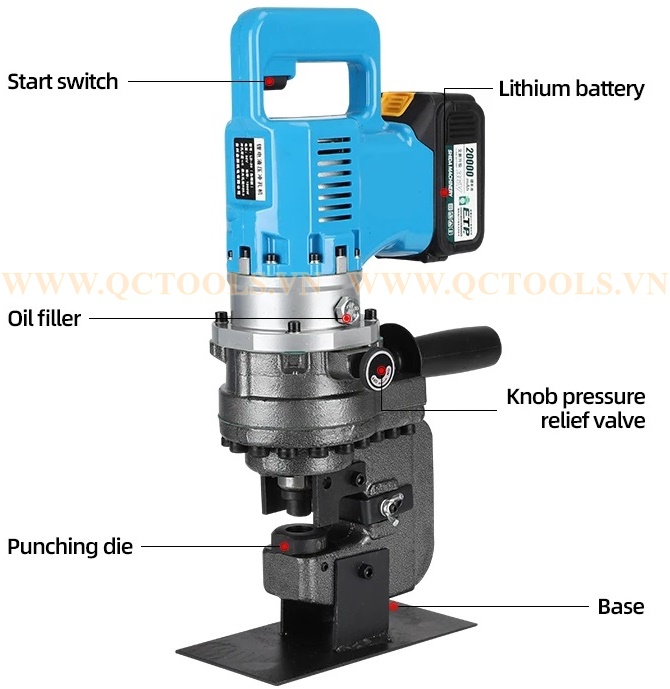 Máy đột lỗ thủy lực chạy pin LD-20 Chi tiet cac bo phan may dot lo thuy luc chay pin LD 20