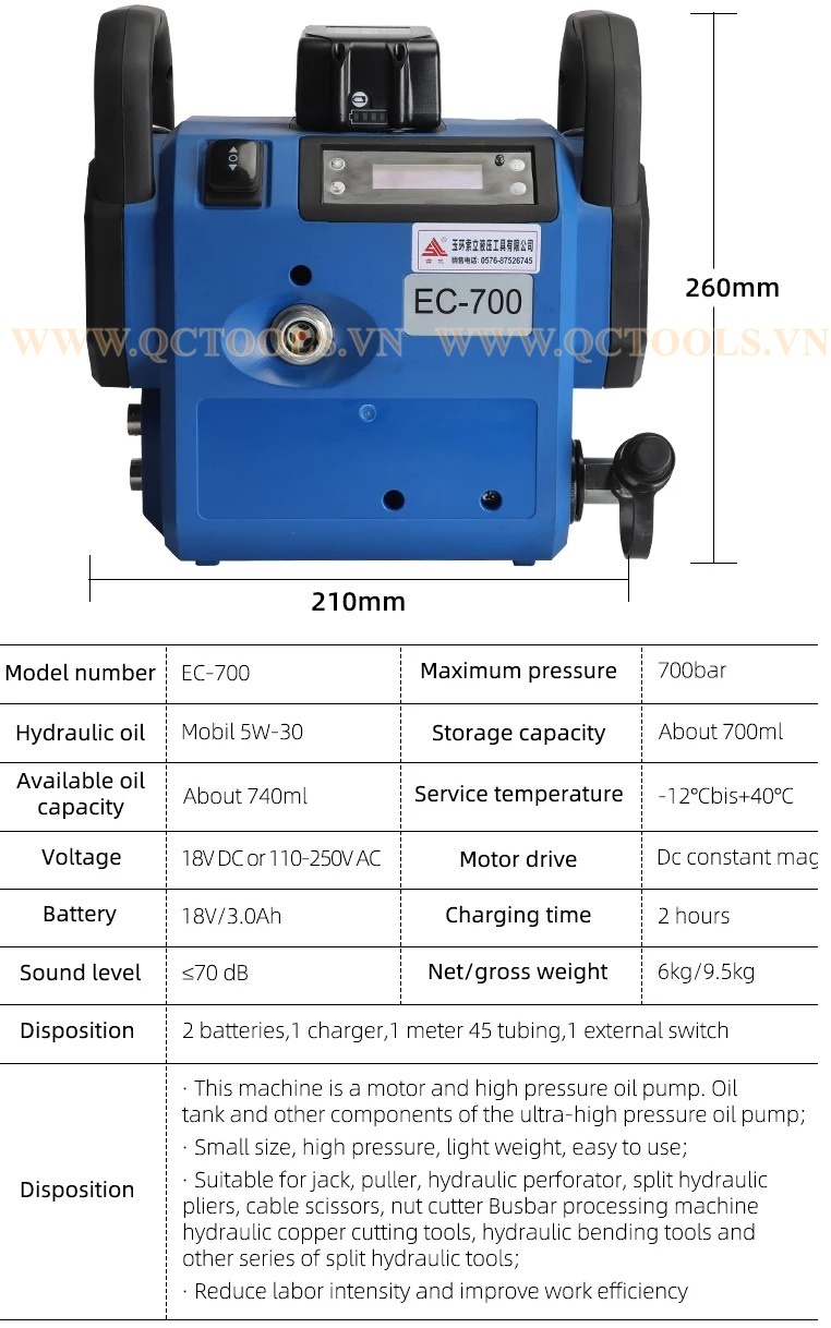 Bơm thủy lực chạy pin EC-700 Rechargeable hydraulic pump ec 700